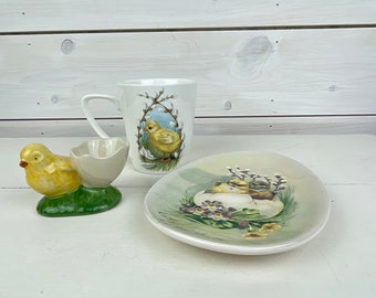 Lot of 3 Easter Breakfast Dishes - Egg Cup, Mug, Plate