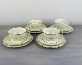 Vintage Theodore Haviland NY Ivory with Gold Rim Porcelain Teacups Saucers Bread Plates