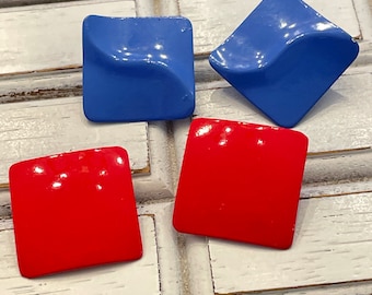 Vintage Red & Blue Square Metal Clip-back Earrings