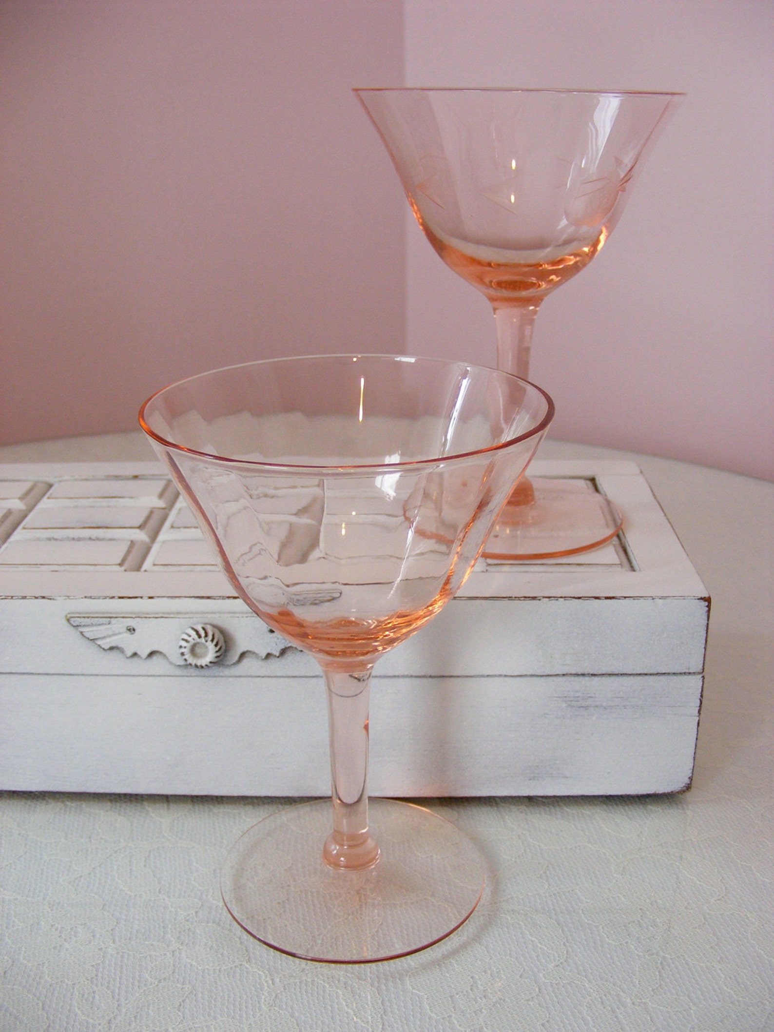 Pink Depression Glass Stemmed Wine Glasses Vintage Etched Etsy