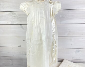 Vintage 1969 Cherubs linen Christening dress, slip and blanket