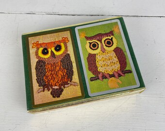 Vintage 1960s-70s Congress Euchre Playing Cards with macrame owls