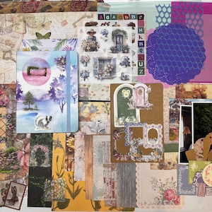 May include: A collection of scrapbooking supplies including a light blue notebook with a skunk illustration, various floral and garden-themed paper sheets, die-cut stickers of doors and windows, a purple lace doily, and small rectangular photo prints.