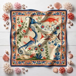 May include: A square silk scarf featuring a cream background with a detailed illustration of a blue seahorse, a red fish, a patterned fish, and a jellyfish. The design includes floral elements and a decorative border with blue and red patterns.