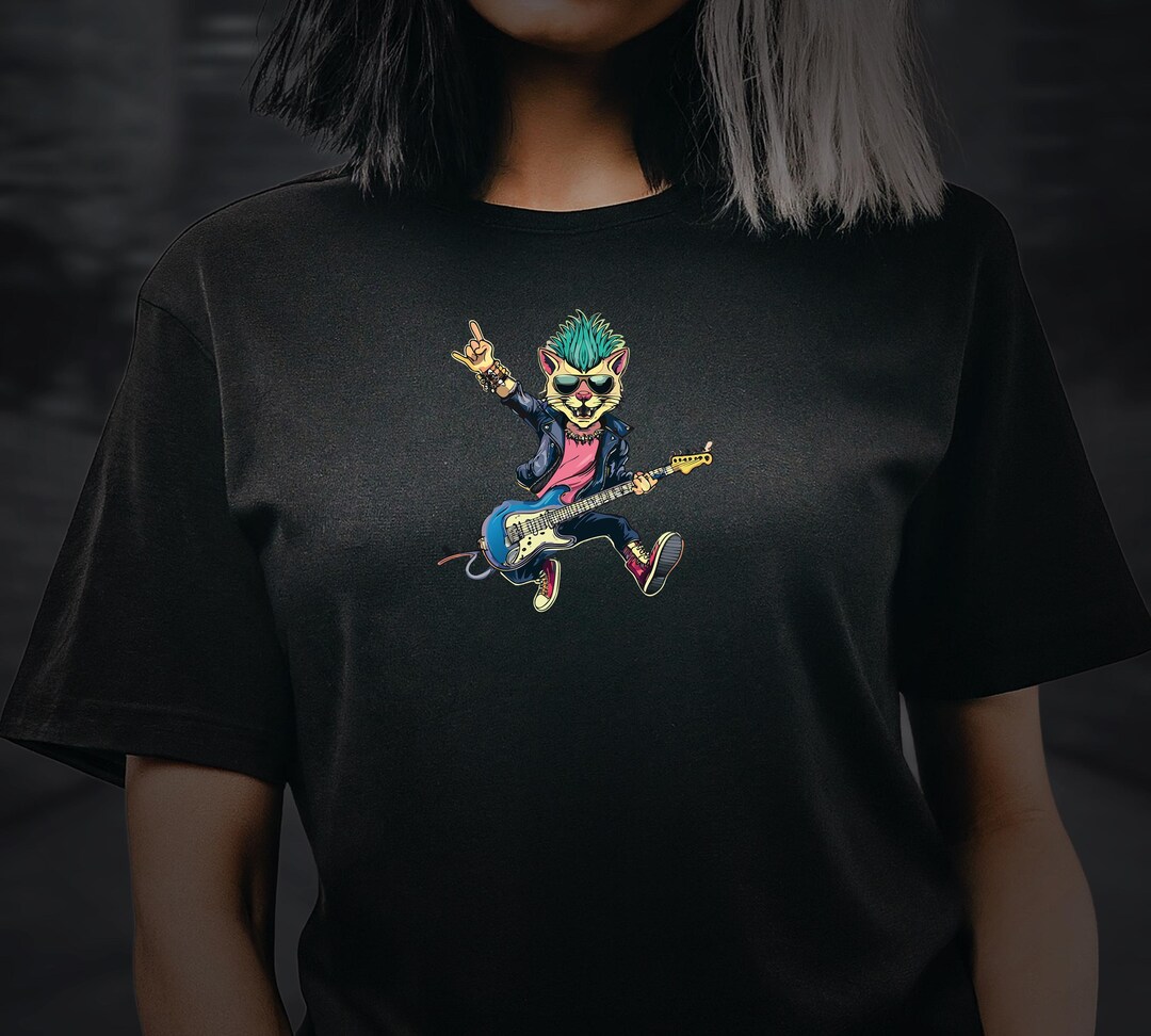 Punk Rock Cat T-shirt | Cool Guitarist Kitty Graphic Tee | Rock and ...