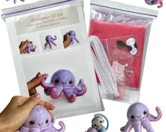 Octopus - Sewing KIT,  artist pattern, stuffed toy tutorials, sea animal, craft kits for adults, craft kits for kids