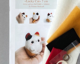 Lucky Cat - Sewing KIT, stuffed toy kitten maneki neko cat tutorials, craft kits for adults, craft kits for kids