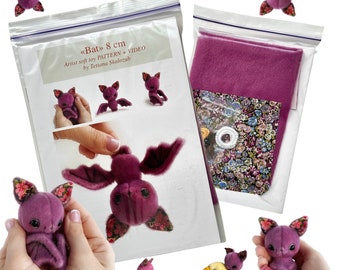Bat - Sewing KIT,  artist pattern, stuffed toy bat, cute bat tutorials, craft kits for adults, craft kits for kids