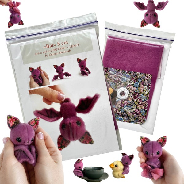 Bat - Sewing KIT,  artist pattern, stuffed toy bat, cute bat tutorials, craft kits for adults, craft kits for kids - US