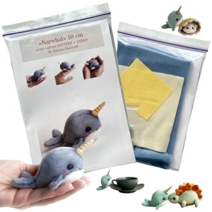 Narwhal - Sewing KIT,  artist miniature pattern kit making whale cute fish tutorials, craft kits for adults, craft kits for kids