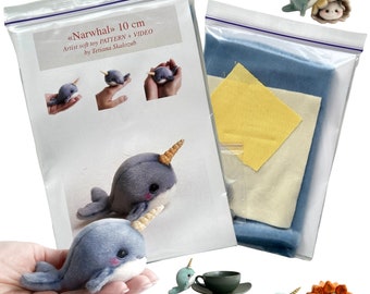 Narwhal - Sewing KIT,  artist miniature pattern kit making whale cute fish tutorials, craft kits for adults, craft kits for kids