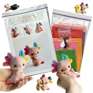 Axolotl - Sewing KIT printed pattern, stuffed toy axolotl , dragon like tutorials, craft kits for adults, craft kits for kids