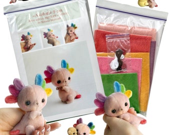 Axolotl - Sewing KIT printed pattern, stuffed toy axolotl , dragon like tutorials, craft kits for adults, craft kits for kids