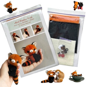 May include: A craft kit for a 9 cm red panda soft toy, including a printed pattern with instructions by Tetiana Skalozub, fabric sheets in orange, black, and white, thread, and small components in a clear plastic bag for assembly.