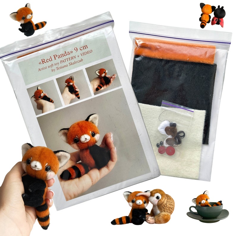 Red Panda Sewing KIT, red panda pattern, stuffed toy tutorials, stuffed animal pattern, craft kits for adults, craft kits for kids image 1