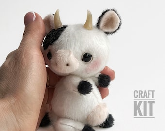 Cow bull - Sewing KIT,  artist pattern, stuffed toy tutorials, softie animal, craft kits for adults, craft kits for kids