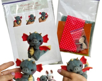 Dragon - Sewing KIT,  artist pattern, stuffed toy tutorials, soft animal, craft kits for adults, craft kits for kids