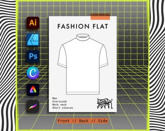 Men Mockup Oversized T-shirt with Mock neck Short sleeves. CAD Fashion Flat Technical Drawing Vector Illustration Fashion Design