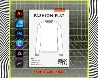 Maqueta de camiseta de gran tamaño para hombre con cuello redondo y manga larga. Dibujo técnico plano de moda CAD Ilustración vectorial Diseño de moda