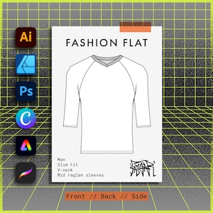 May include: A fashion flat illustration of a white t-shirt with a v-neck and mid raglan sleeves. The text "Man, Slim Fit, V-neck, Mid raglan sleeves, Front // Back // Side" is printed below the illustration.