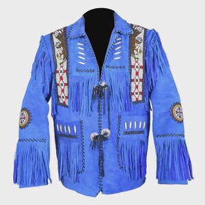 Blauw suède jack met franje heren western leren jack Native stijl kralen cowboyjas handgemaakte vintage boho festivaloutfit