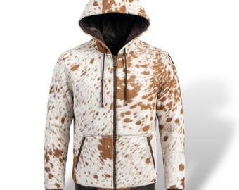 Sudadera con capucha de cuero con pelo hecha a mano / Chaqueta de piel de vaca auténtica / Abrigo de cuero estilo western para hombre / Regalo de chaqueta vaquera de lujo para rancho