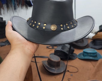 Genuine Leather Cowboy Hat, Vintage Outback Western Style, Wide Brim Classic Western Ranch Hat