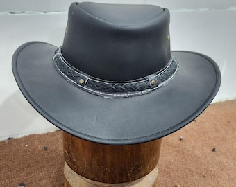 Genuine Leather Cowboy Hat, Vintage Outback Western Style, Wide Brim Classic Western Ranch Hat