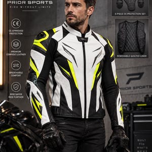 Könnte beinhalten: Eine Motorradjacke aus weißem, schwarzem und neongelbem Leder mit Stehkragen, Frontreißverschluss und perforierten Einsätzen. Die Jacke enthält ein herausnehmbares Steppfutter und ein 5-teiliges CE-Protektorenset, beschriftet mit Prior Sports.