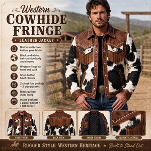 Western Hair-On-Hide Leather Jacket Men, Cowboy Fringe Cowhide Coat, Brown Black White Ranch Wear