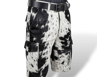 Men's Cowhide Leather Shorts Real Hair on Hide Cargo Style Biker Nicker Western Fashion