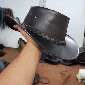 Genuine Leather Cowboy Hat – Handmade Western Hat – Dark Brown Unisex Hat – Waterproof Outdoor Hat for Men & Women
