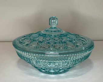 Vintage Indiana Glass Windsor Aqua/Teal Cane Design Candy Dish | Trinket Dish