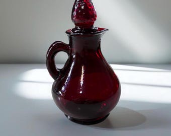 Vintage 1970 Avon Empty Strawberry Bath Foam Ruby Red Cruet Bottle w/Stopper