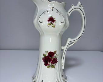 Vintage Formalities Vase – White Porcelain, Red Rose Design, Gold Trim