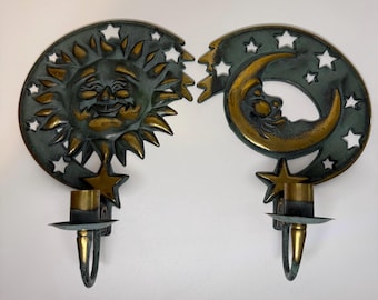 1994 PartyLite sun moon star celestial pair set two wall hanging candle holders metal vintage decor Taiwan