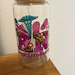 RN Glass Cup – 16oz | Medical Worker Gift | Iced Coffee Cup with Bamboo Lid & Glass Straw