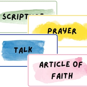 May include: Four watercolor painted cards with the words "SCRIPTURES", "PRAYER", "TALK", and "ARTICLE OF FAITH" written in black.