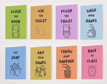 Ensemble d'affiches sur les règles de la salle de bain à l'école : décoration de toilettes pour enfants (téléchargement numérique)