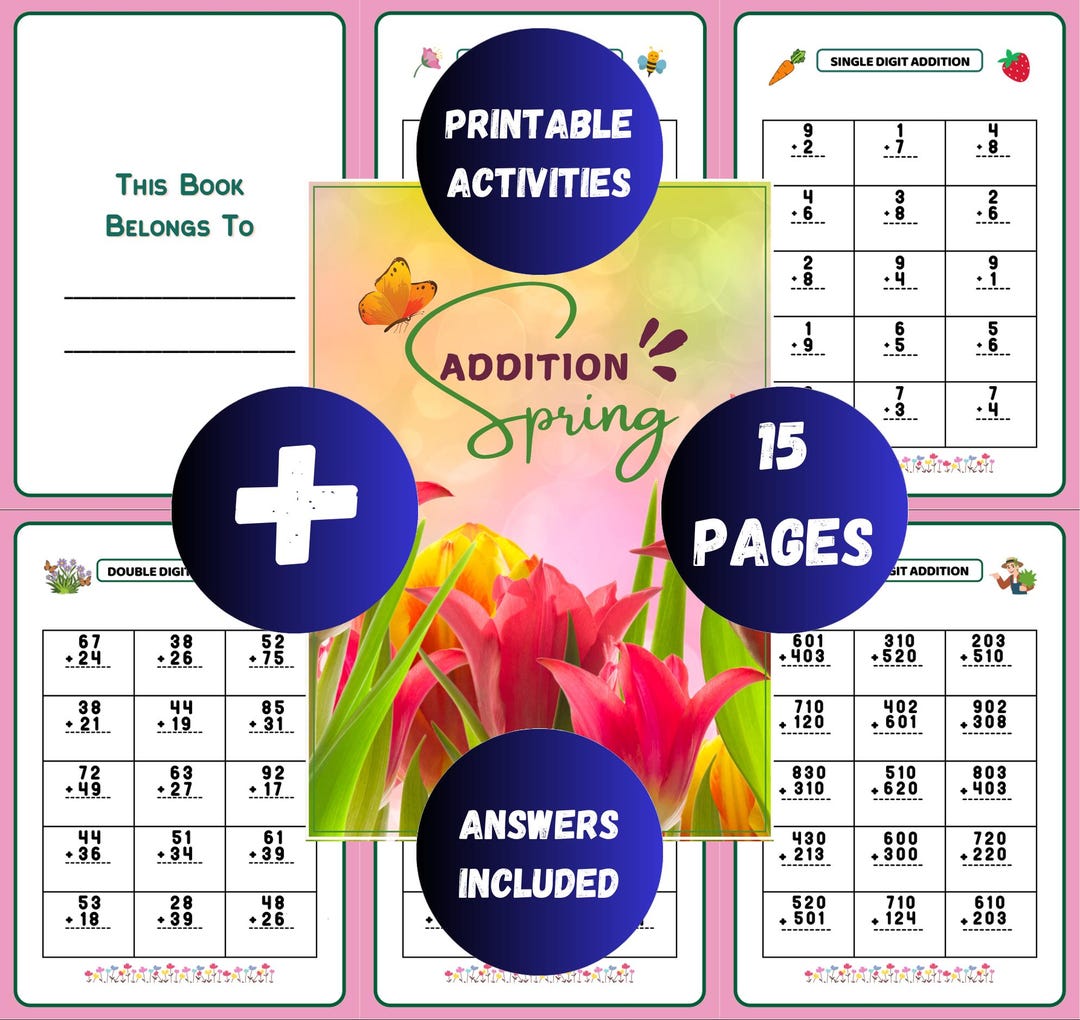 Spring Addition Worksheets, 15 Printable Math Worksheets, 2nd4th Grade Learning, Educational