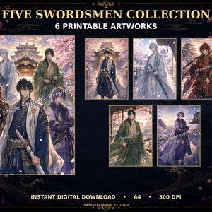以下が含まれることがあります： FIVE SWORDSMEN COLLECTIONと題された6枚の印刷可能なデジタルアートワークのコレクション。桜や日本の建築を背景に、伝統的な衣装を身にまとい刀を持った戦士たちの、アニメスタイルのイラストが描かれています。