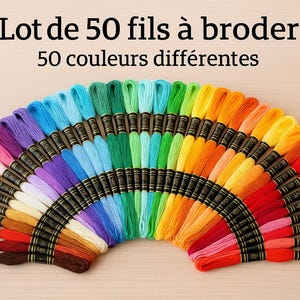 Peut inclure: Un ensemble de 50 échevettes de fil à broder de couleurs variées, disposées en demi-cercle. Le texte en haut indique "Lot de 50 fils à broder" et "50 couleurs différentes". Chaque échevette est marquée d'une bande noire et dorée.