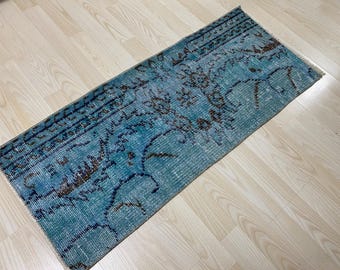 1.4x3.3ft, Small Turquoise rug, Turkish mini rug, Vintage rug, Anatolian rug, Boho rug, Oushak Wool rug, Overdyed rug, Doormat rug, Bath rug