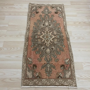Rosa Teppich 1x3, Türkischer Teppich 1x3, Vintage Teppich 1x3, Ethno-Teppich, Boho-Teppich, Oushak-Teppich, Wollteppich, Badteppich, kleiner Teppich 40x70 cm