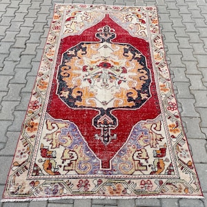 4x8 Turkish rug, 4x8 Vintage rug, Red Area rug, Colorful rug, Oushak rug, Wool rug, 4x8 Large rug, Dining room rug, Ethnic rug, 4.3x7.9ft