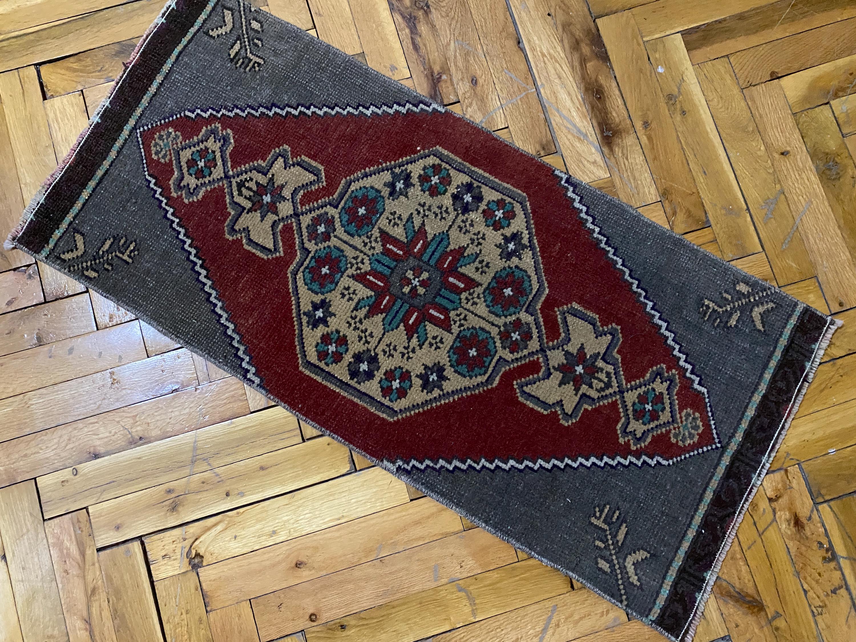1x3 Turkish Rug, 1x3 Vintage Rug, 1x3 Red Rug, Small Rug