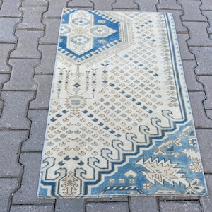 60x100, Türkischer Teppich, Vintage Teppich, Kleiner Blauer Teppich, Handgewebter Teppich, Oushak Teppich, Wollteppich, antiker Teppich, Boho Teppich, Küchenteppich