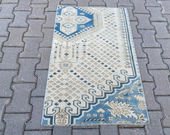 2.2x3.4ft, Turkish rug, Vintage rug, Small Blue rug, Handmade rug, Oushak rug, Wool rug, Antique rug, Bohemian rug, Doormat rug, Kitchen rug