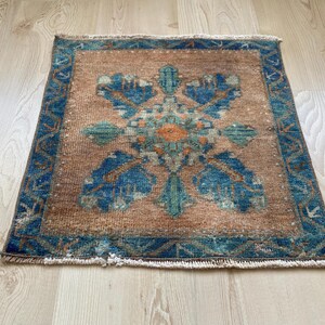 Orange Square rug, Mini rug, Turkish rug, Vintage rug, Small rug, Ethnic rug, Oushak rug, Wool rug, Doormat, Bath rug, Boho rug, 1.6x1.6 ft