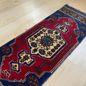 Turkish rug, Vintage rug, Small rug, Doormat rug, Oushak rug, Handmade rug, Bohemian rug, Bath rug, Boho decor rug, Wool rug, 1.3 x 3.7 ft
